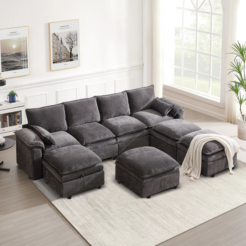 8 Seat Chenille U Shaped Modular Sectional Sofa With Storage, Gray