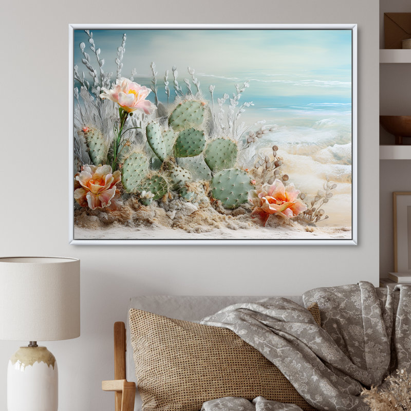 Collage de cactus sur la plage I sur toile, Cadre flottant blanc, H 12 po x l 20 po x P 1 po