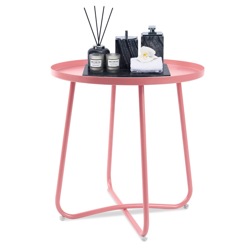 Round Modern Metal Outdoor Side Table, Small Coffee And Snack Table For Patio, Garden, Living Room And Bedroom (Pink) | Gift Idea