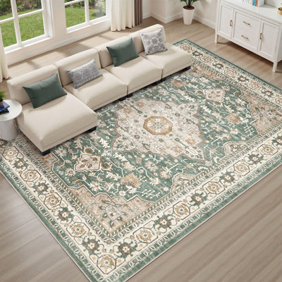 Boho Tribal Washable Vintage Oriental Area Rug for Living Room Bedroom-Green