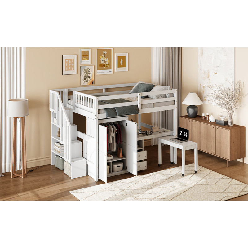 White Loft Bed With Stairs, Bookshelf, Drawers, Desk & Wardrobe - Space Multifunctional For Teenagers' Bedroom Study Area Teens And Functional Setup
