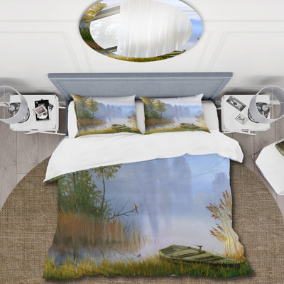 Le bateau sur la berge du lac - Ensemble de housse de couette traditionnel - Microfibre de polyester