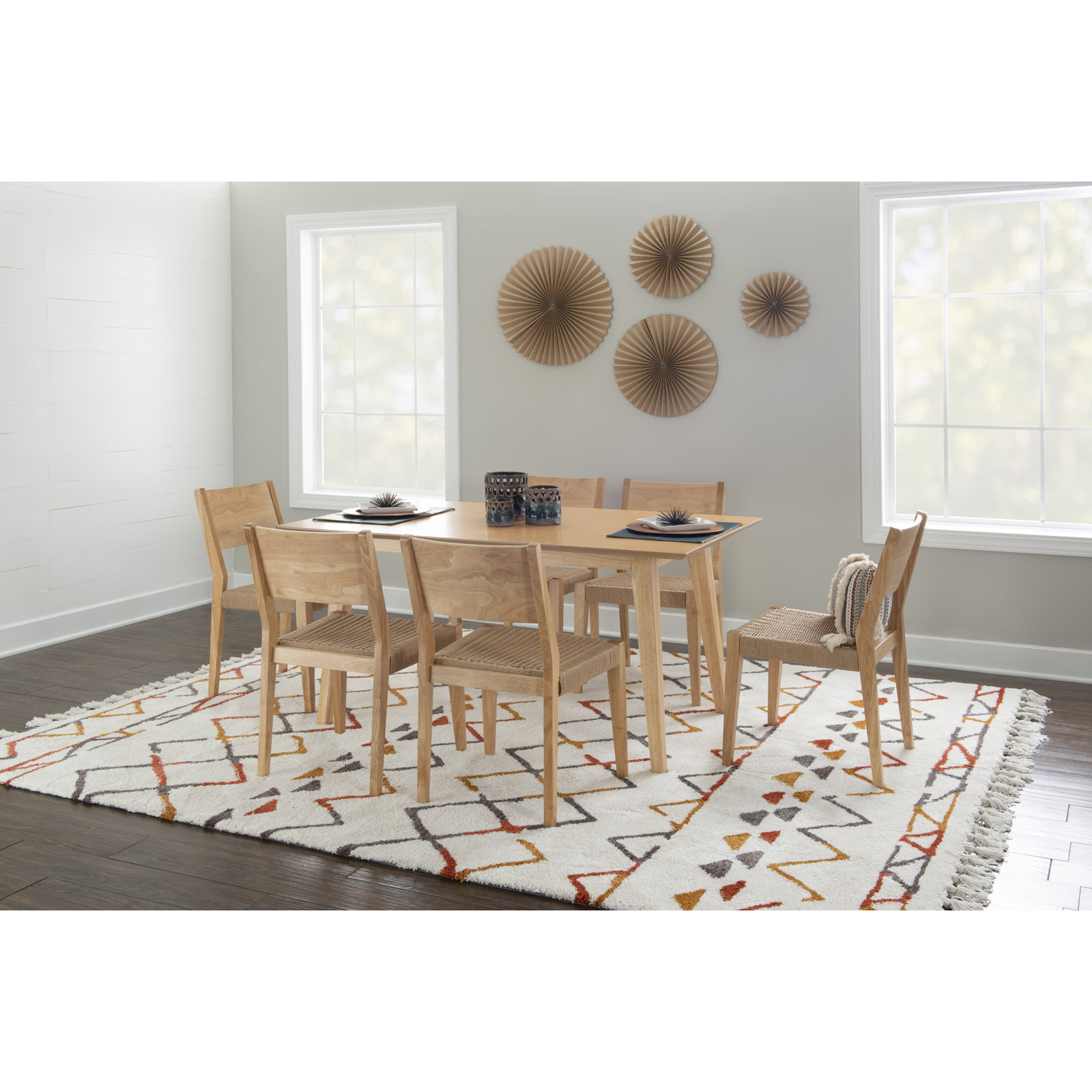 Corrine Dining Set, 7 Pieces: Table, 6 Chairs, Natural