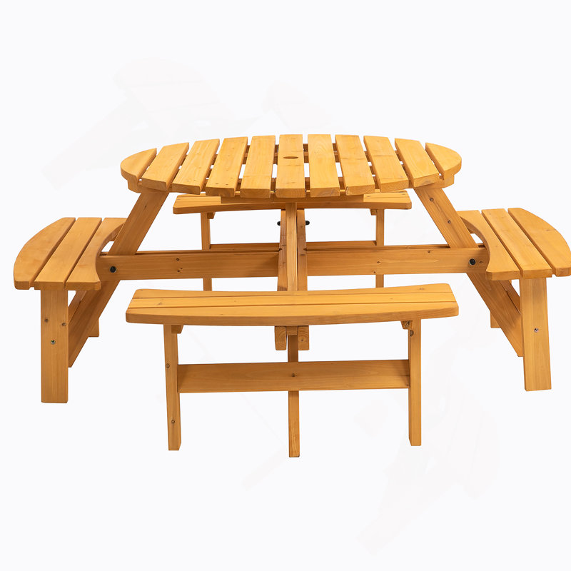 8 Person Wooden Picnic Table, Outdoor Camping Dining Table With Seat, Garden, DIY W/ 4 Built-In Benches, 2220Lb Capacity - Natural