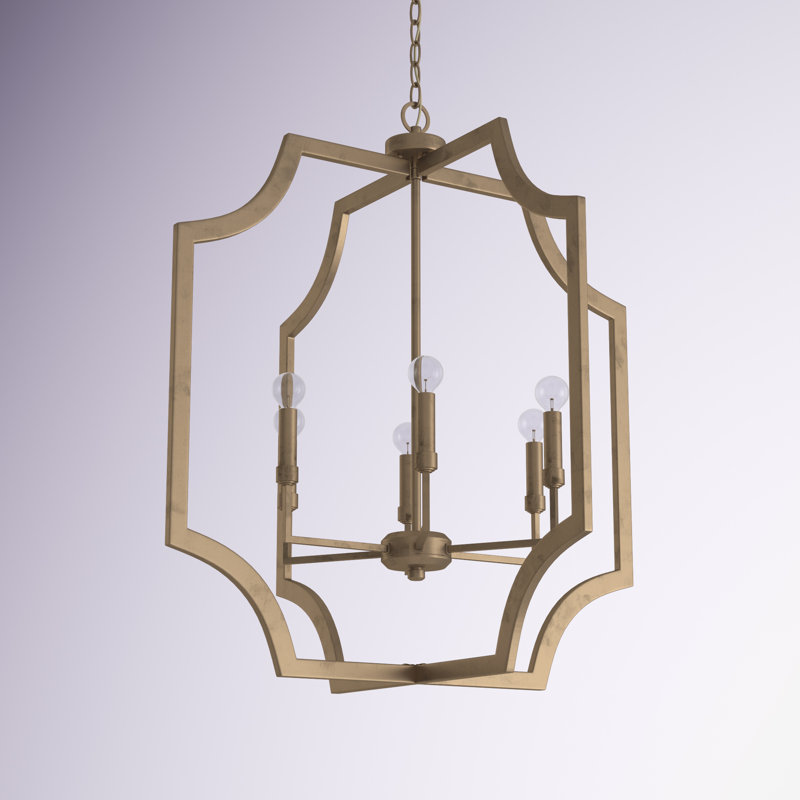 6 - Light Dimmable Lantern Geometric Chandelier, Aged Brass
