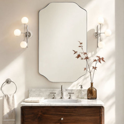Kudi Scalloped Chrome Bathroom Mirror Decorative Silver Metal Framed Irregular Bathroon Vanity Mirror Wall Mounted 36 x 24"