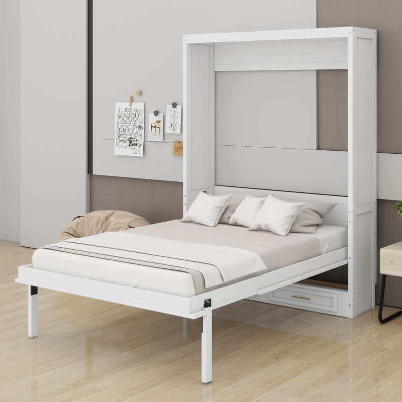 Lit escamotable double avec 2 tiroirs, armoire murale compacte avec rangement