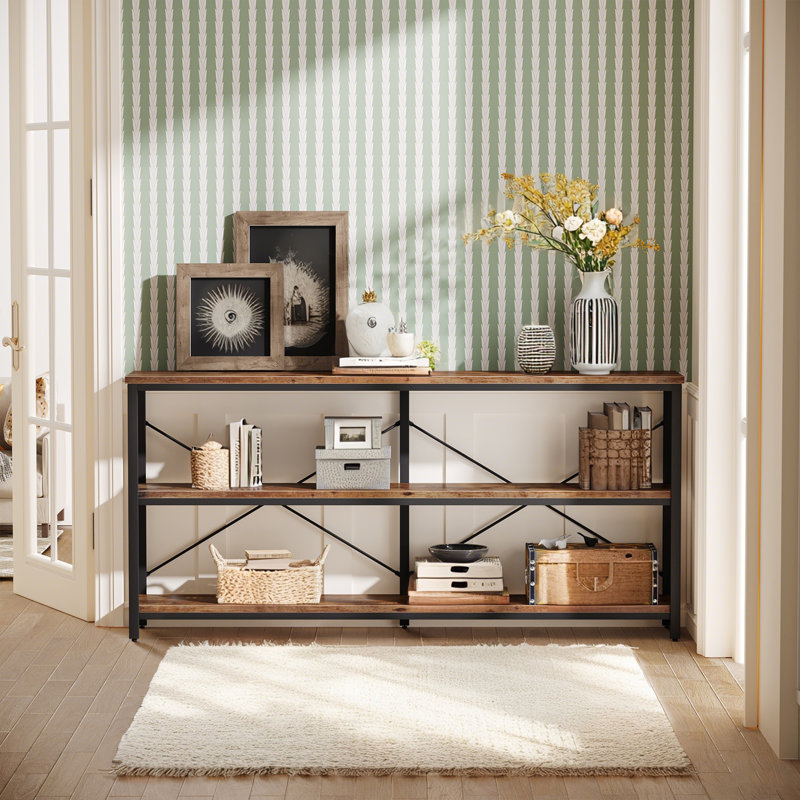 Table console Ã  trois niveaux avec structure en mÃ©tal, H 29,92 po x l 55,12 po x P 11,81 po, Noir / brun rustique