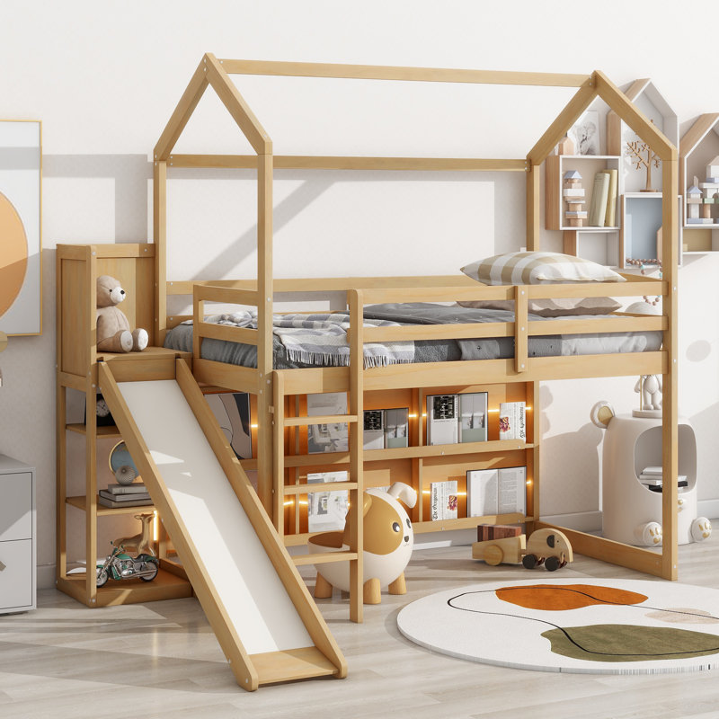 Lit mezzanine simple en bois avec glissoire, tablettes de rangement et lumière, Bois