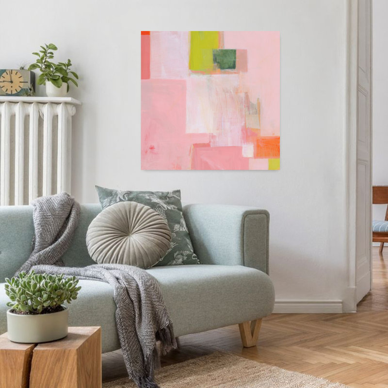 Carrés roses, art contemporain abstrait, H 32 po x l 32 po