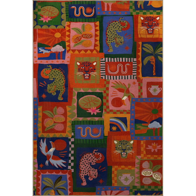 Tapis décoratif multicolore à motif d'animaux sauvages, Tapis de couloir 3 pi 3,37 po x 6 pi 6,74 po