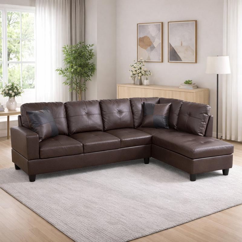Canapé modulaire en similicuir avec repose-pieds, Brun foncé