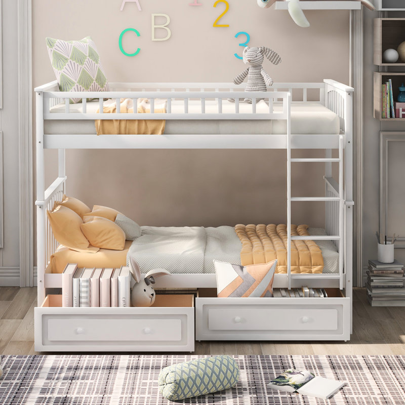Lit simple superposé au-dessus blanc avec fonction polyvalente et tiroirs - Polyvalent, article de chambre à coucher, Twin
