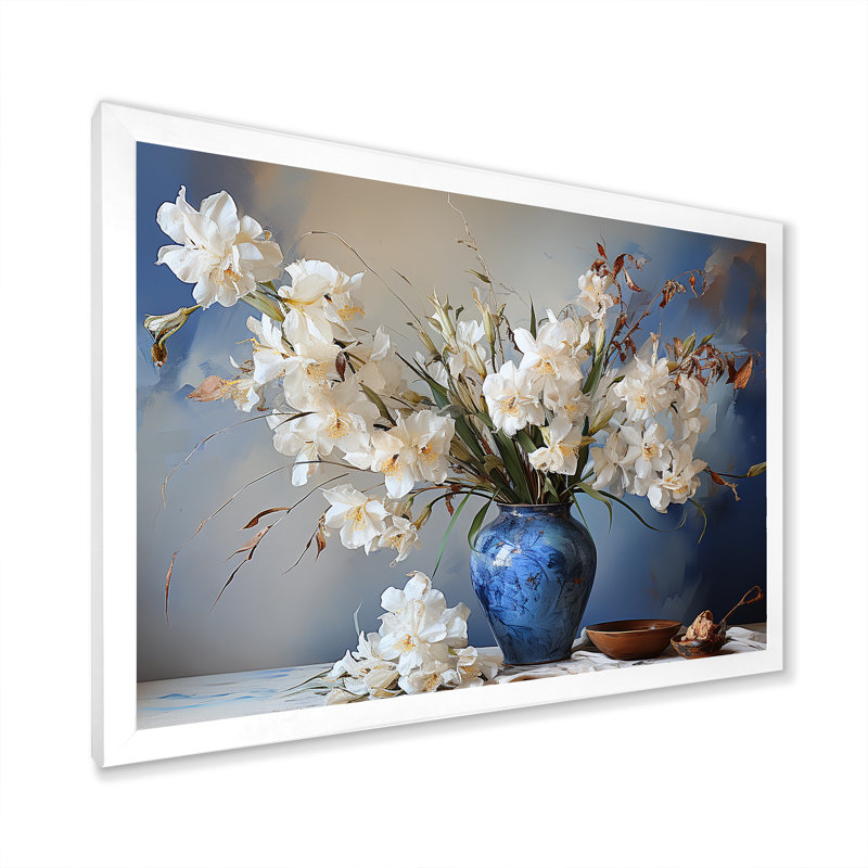 Iris Bouquet Vase Still Life - Reproduction, H 24 po x l 32 po x P 1 po, Cadre simple blanc