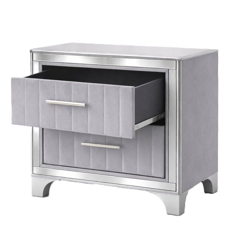 Table de chevet contemporaine en acrylique avec deux tiroirs, table de chevet rembourrée avec pieds en métal argenté