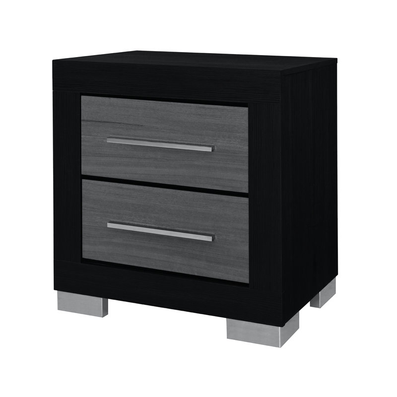 Table de chevet noire en bois d'hévéa avec deux tiroirs, poignée à barre, pieds en bloc, style transitionnel et joints pour chambre à coucher carrée, finition, structure, poignée, pieds