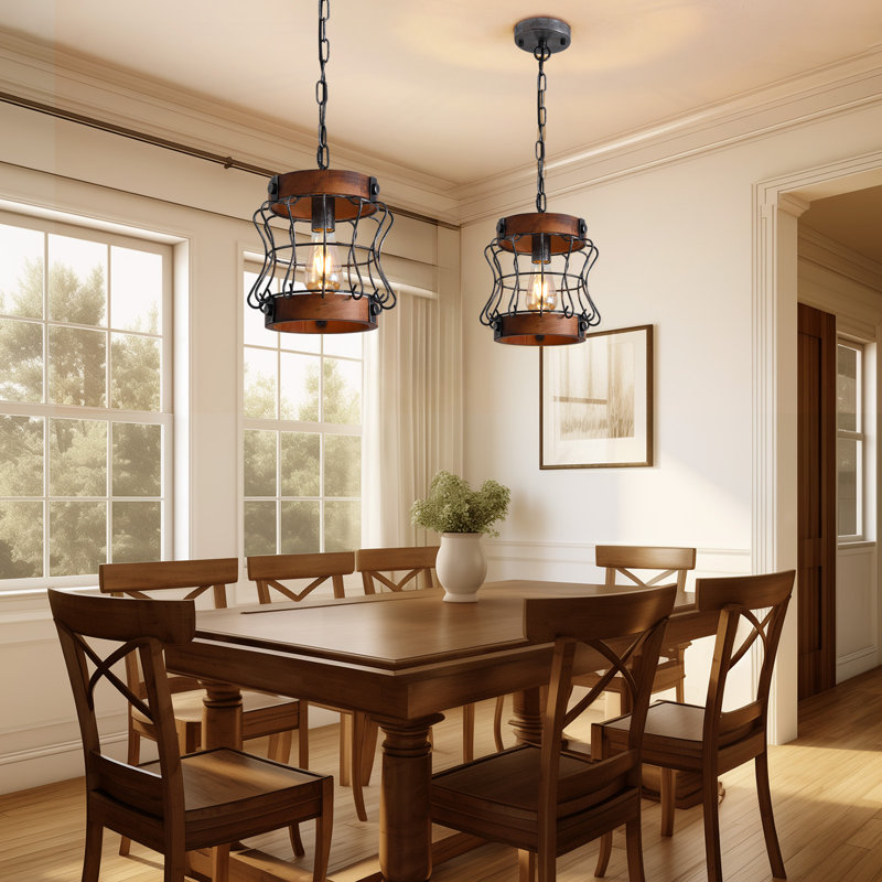 9" Farmhouse Pendant Light With Adjustable Chain, Wood & Metal Cage Design, Yes 