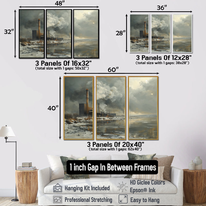 Ensemble de salon mural monochromes gris d'hiver, Toile avec cadre flottant or, H 28 po x l 36 po x P 1 po