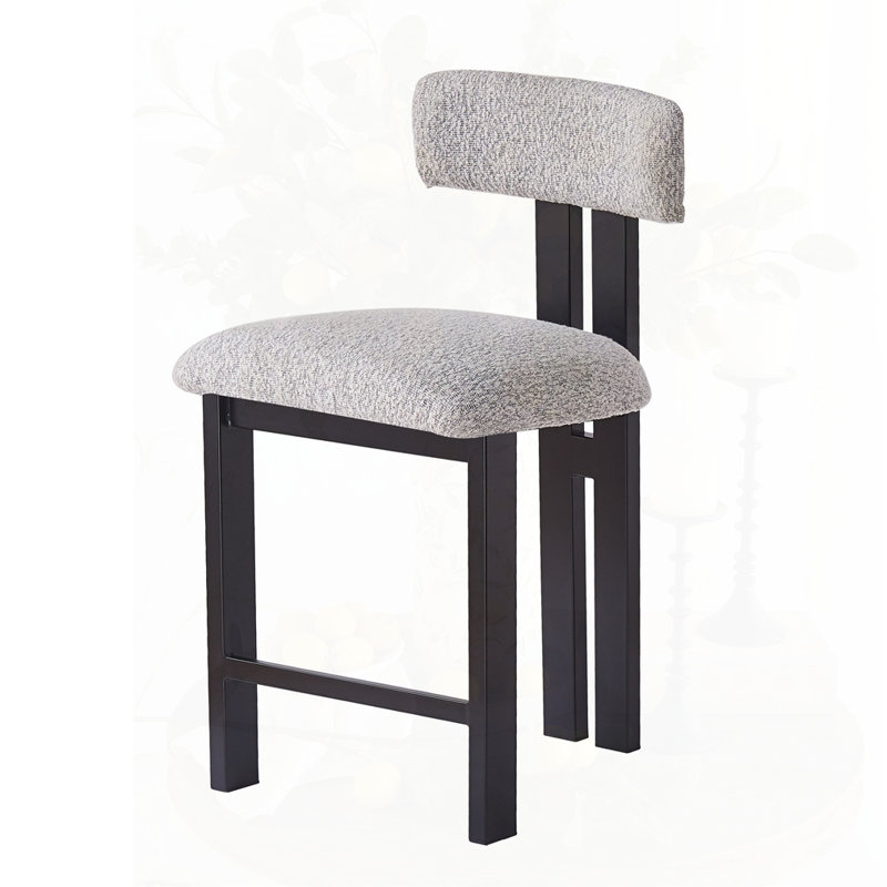 Stylish Round Stools with  Upholstered Seat & Black Metal Frame, Gray