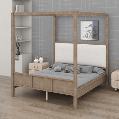 Minimalist Canopy Platform Bed, Upholstered Headboard