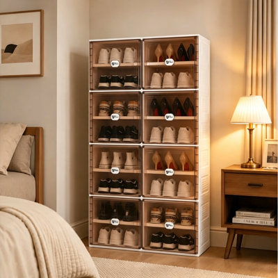 8-Tier 16-32 Pairs Plastic Stackable Shoe Storage Cabinet For Entryway Easy Assembly，White
