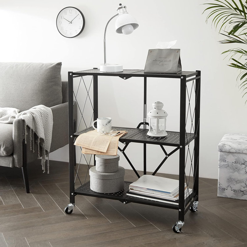 3-Tier Metal Storage Cart With Rolling Wheels, Foldable Design For Multi-Purpose Use In Home And Office