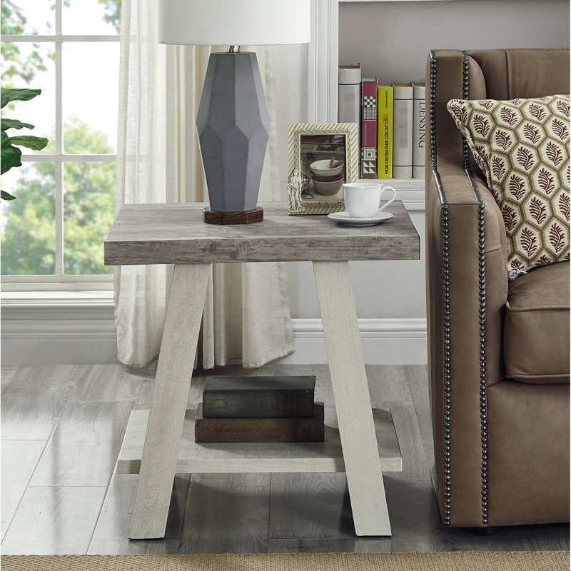 Table d'appoint en bois multicolore avec accents gris vieilli et beige, tablette supérieure rectangulaire bicolore contemporaine