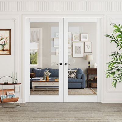 Interior Pantry French Doors Clear Glass 1-Lite Modern Solid Core Manufactured Wood Primed Double Door with Hardware / Frame
