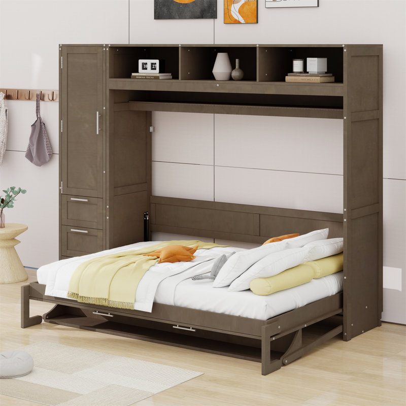 Lit escamotable avec garde-robe, tiroirs et tablettes ouvertes Murphy