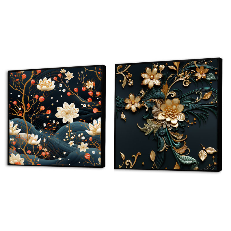 Rowen - Ensemble de 2 collages carrés botaniques abstraits, Cadre flottant noir, H 16 po x l 33 po