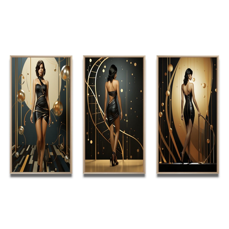 «Playful Evening Glam Portrait», 3 pièces sur toile, Encadré naturel, H 40 po x l 60 po