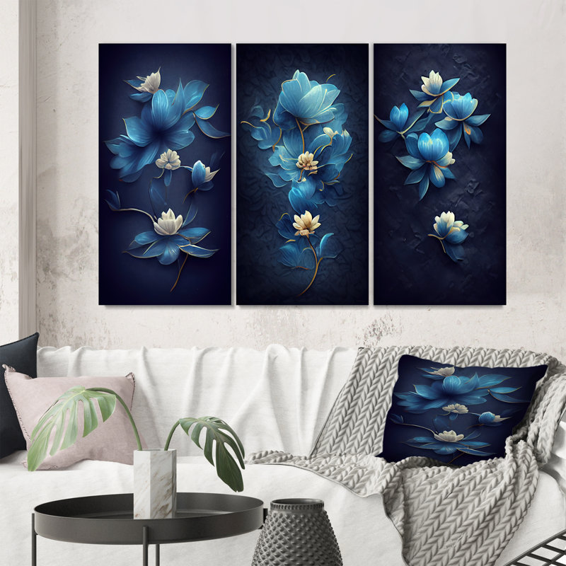 «Fleurs bleues et blanches chinoises», 3 pièces sur toile, Toile tendue, H 20 po x l 36 po