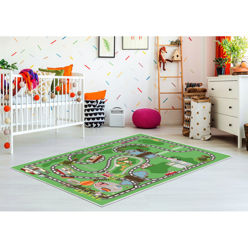 Tapis rectangulaire en polyamide tissé à la machine en vert / gris Moscow, Rectangle 5 pi 3 po x 7 pi 7 po