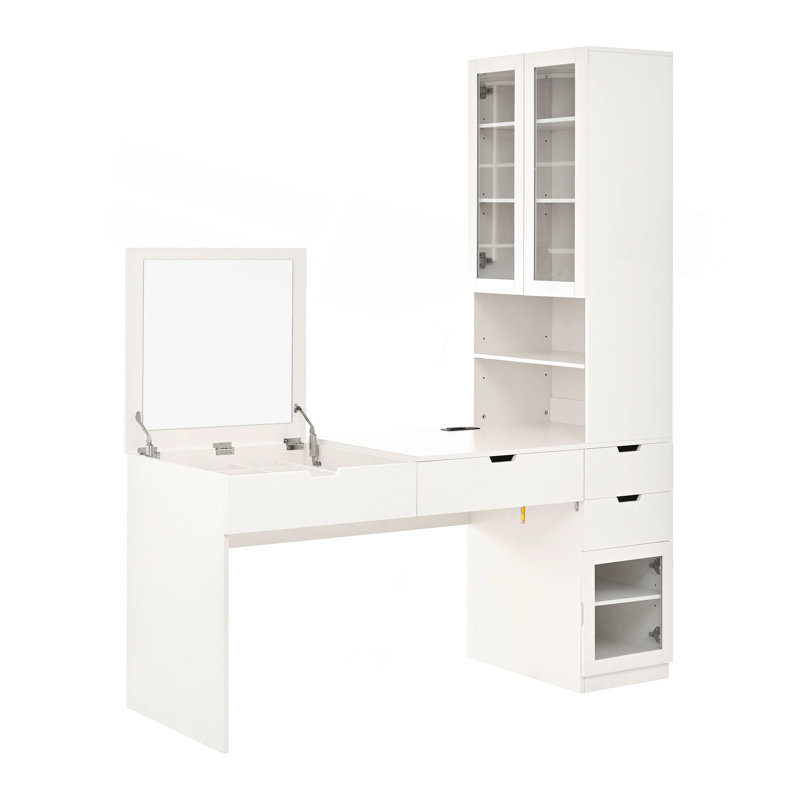 Meuble-lavabo polyvalent avec miroir et station de charge, coiffeuse avec 8 compartiments de rangement cachés, bureau d'ordinateur à 3 tiroirs, 2 armoires et tablettes ouvertes, bureau à domicile