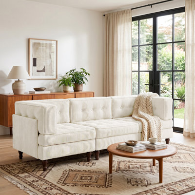 Canapé modulaire rembourré 3 pièces en velours côtelé capitonné beige avec dossier coussiné 3 pièces