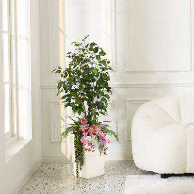 Adcock Artificial Ficus Tree 4FT - UV Resistant Faux Plants with Tapered Planter and Decorative Plants