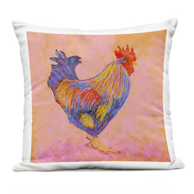 Warm Hued Vibrant Rooster Outdoor Printed Pillow, design by Dina Riddle