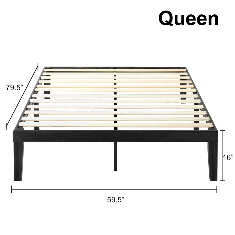 Solid Wood Platform Black Bed With Wooden Slats No Box Spring Needed Easy Assembly 16 Inch Classic, Queen