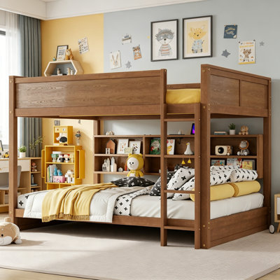 Queen Over Queen Solid Wood Bunk Bed with Built-in Storage Cabinets,Charging Station,Ladder,Safety Guardrails