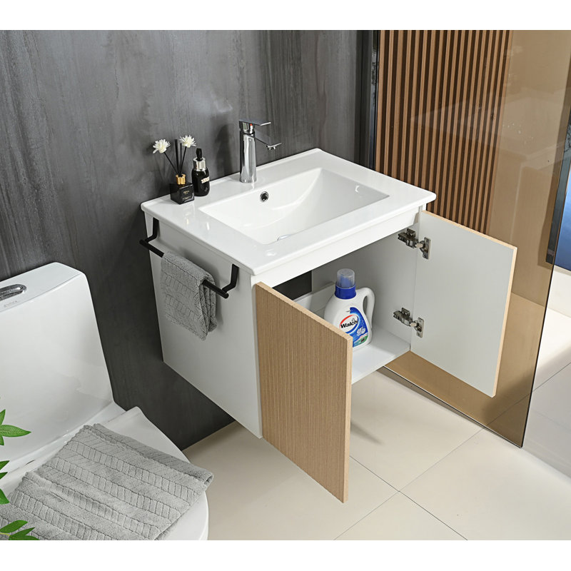 Meuble-lavabo mural, meuble de rangement flottant avec porte-serviettes, Jaune / Blanc