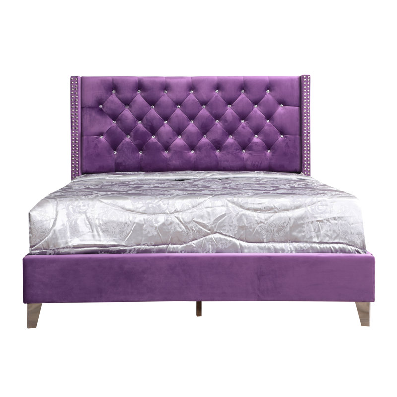 Lit tapissier capitonné standard à profil bas Ashe, Double, Mauve