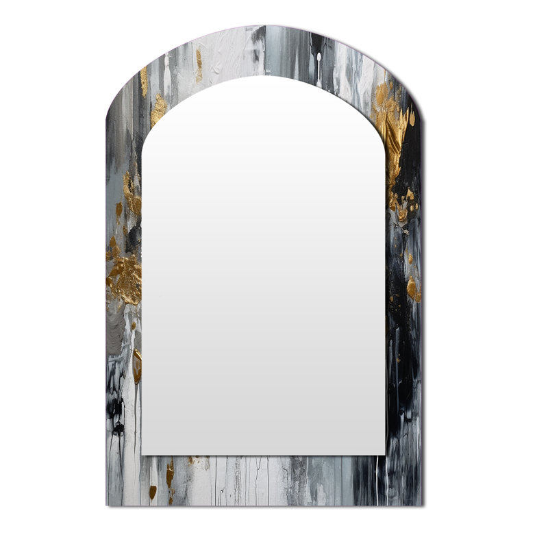 Black And White Delicate Brushstrokes I - Marble Asymmetrical Decorative Mirror, Modern Arch Large Wall Mirror, Printed Metal Art