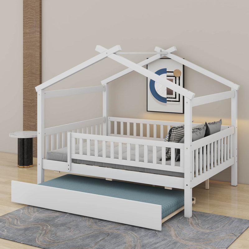 Lit en bois avec couchette, Lit double, Blanc