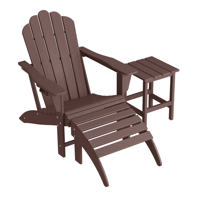 Outdoor Poly Adirondack Chair With Side Table And Ottoman, Brown