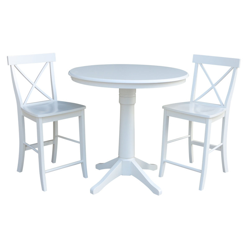 Ensemble de salle à manger en bois massif à hauteur de comptoir 3 pièces Dorchen, H 35,9 po x L 36 po x l 36 po, Blanc