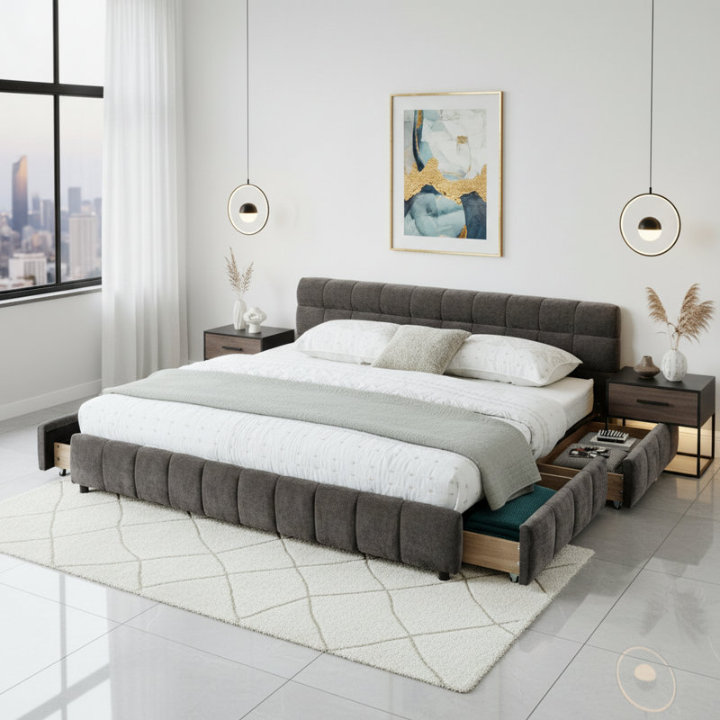 Lit tapissier très grand californien, base de lit rembourrée confortable, tissu chenille, avec tête de lit et base de lit solide. Avec tiroir de rangement - Gris foncé (90,5 po x 80,5 po x 31 po)