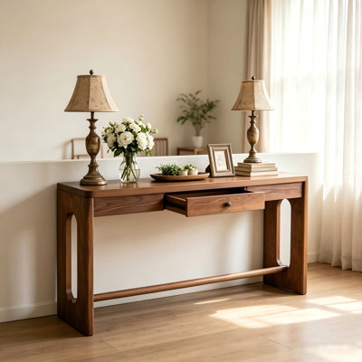 Table d'entrée en bois 59,8 po avec console rétro en placage de chêne avec tiroir et poignée ronde, table de canapé multifonctionnelle avec pied ovale pour le couloir, l'entrée et le salon