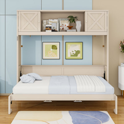 Lit escamotable double en bois avec armoires et lattes