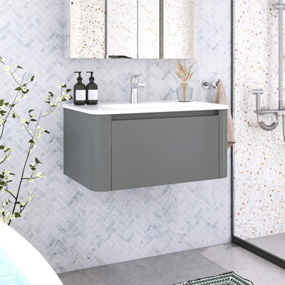 Modern Dark Walnut Wall-Mount Bathroom Vanity With Ceramic Sink And Two Drawers