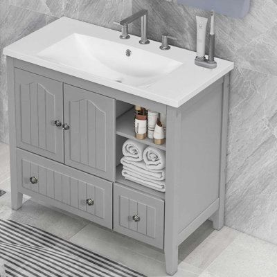 36"" Bathroom Vanity With Ceramic Basin, Solid Wood Bathroom Storage Cabinet With Two Doors And Drawers -  TOLOYE, YSYJ-BRGS-Y38